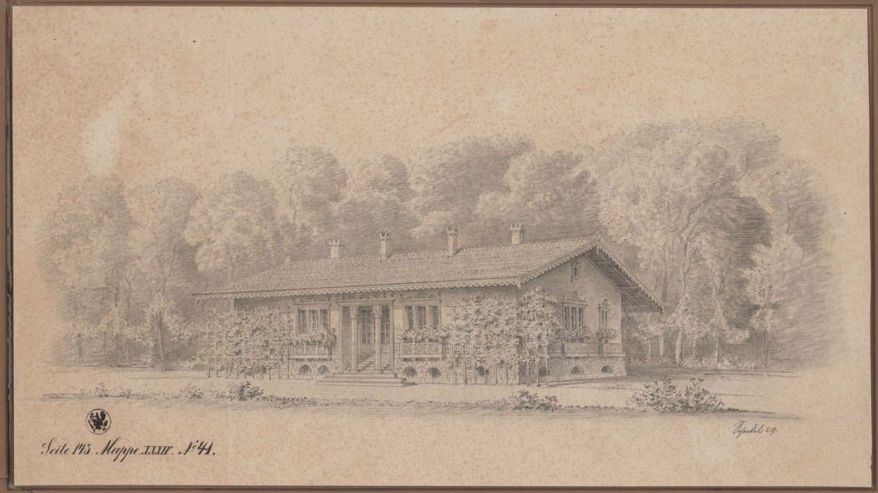 Berlín. Švýcarský dům na Pfaueninselu. Pohled od Karl Friedrich Schinkel