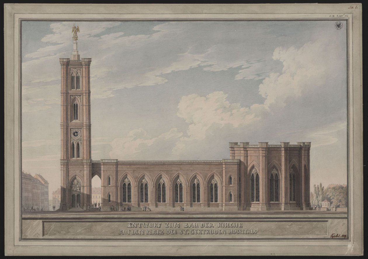 Berlín, Spittelmarkt. Návrh kostela svaté Gertrudy. Pohled zvenčí od Karl Friedrich Schinkel