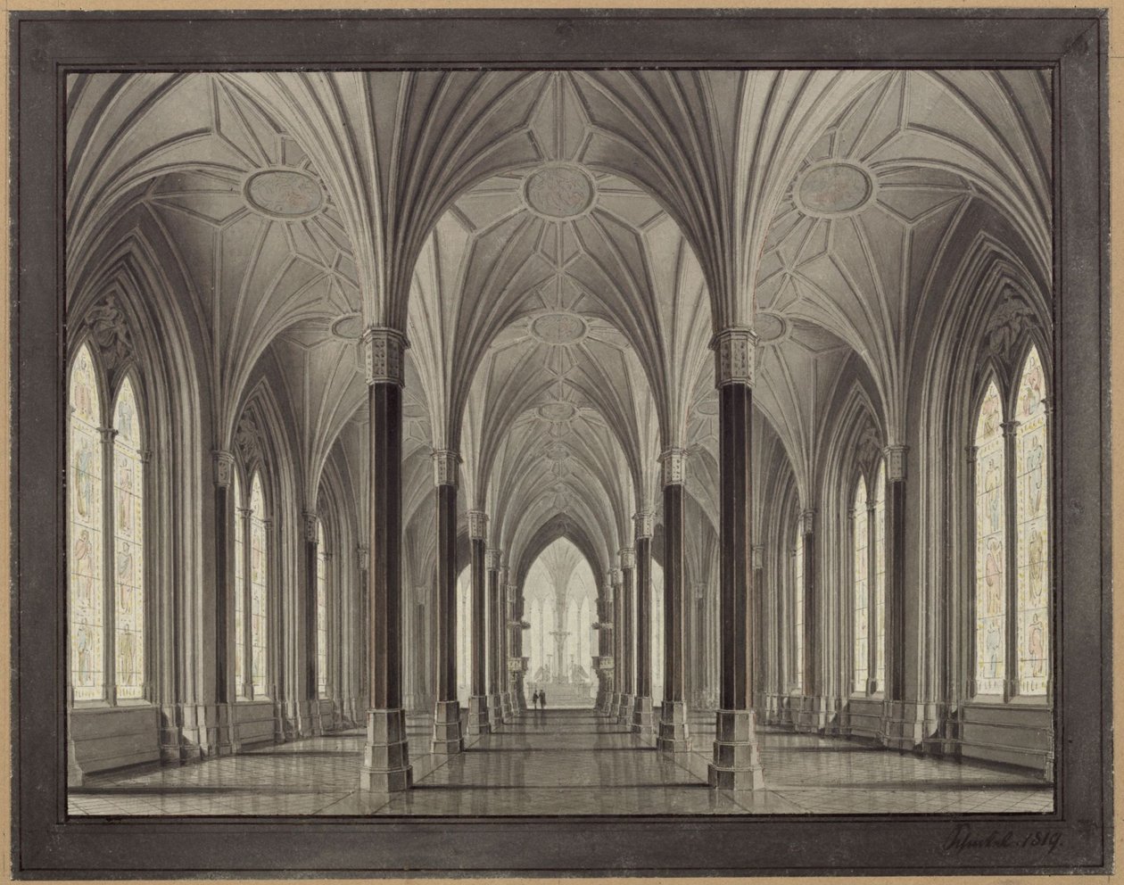 Berlín, Spittelmarkt. Návrh kostela svaté Gertrudy. Pohled do interiéru, přes loď směrem k chóru od Karl Friedrich Schinkel