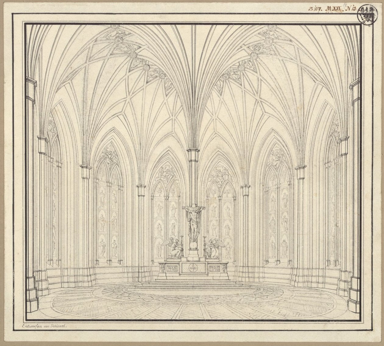 Berlín, Spittelmarkt. Návrh kostela svaté Gertrudy. Pohled do interiéru chóru od Karl Friedrich Schinkel