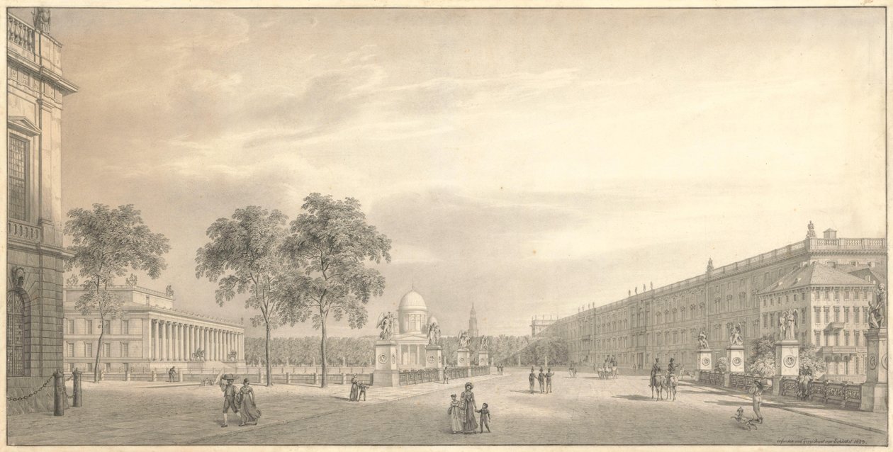 Berlín, Unter den Linden. Pohled na Lustgarten se zámeckým mostem, Starým muzeem, katedrálou a zámkem od Karl Friedrich Schinkel