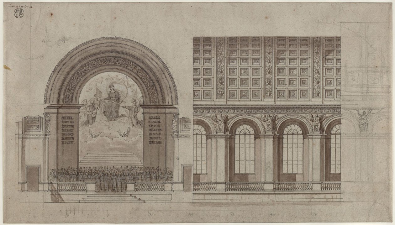Berlín, Unter den Linden. Návrh sálu pro Sing-Akademie v zadním křídle Akademie umění. Příčný řez a podélný řez od Karl Friedrich Schinkel