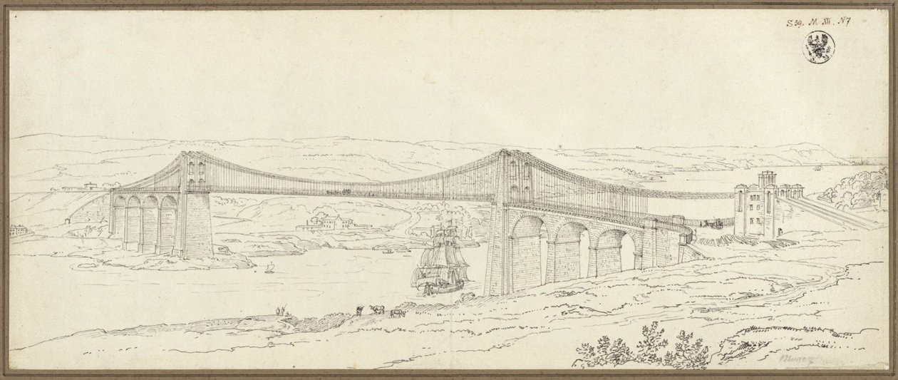 Pohled na visutý most přes Menaiský průliv u Bangoru ve Walesu od Karl Friedrich Schinkel