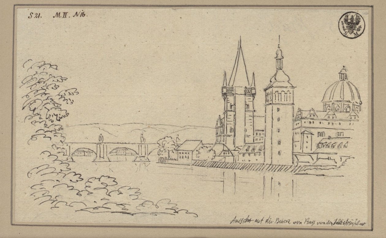 Pohled na Karlův most v Praze s mostní věží na Starém Městě a kopulí kostela sv. Kříže od Karl Friedrich Schinkel