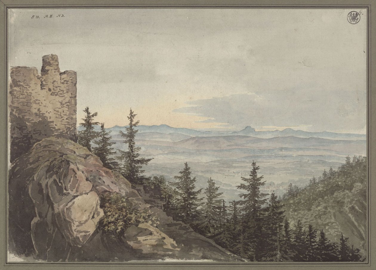 Pohled z ruin Geiersburgu na teplickou rovinu s klášterem Maria Schein, v pozadí České středohoří od Karl Friedrich Schinkel