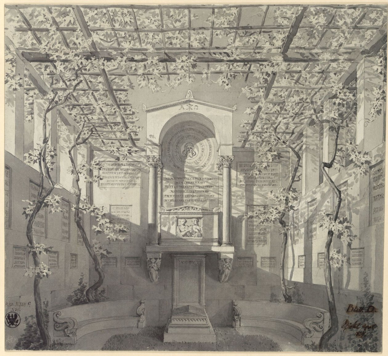 Bonn. Návrh hrobového pomníku pro Bartholda Georga Niebuhr, s pergolou od Karl Friedrich Schinkel