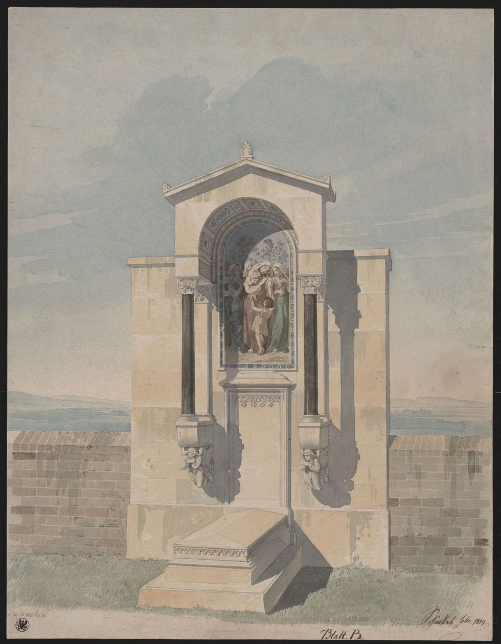 Bonn. Návrh náhrobního pomníku pro Bartholda Georga Niebuhra s vyobrazením křesťanských ctností „Víra, Láska, Naděje“ od Karl Friedrich Schinkel