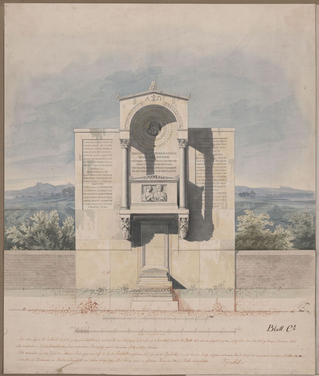 Bonn. Návrh náhrobku pro Bartholda Georga Niebuhra s reliéfním portrétem manželů od Karl Friedrich Schinkel