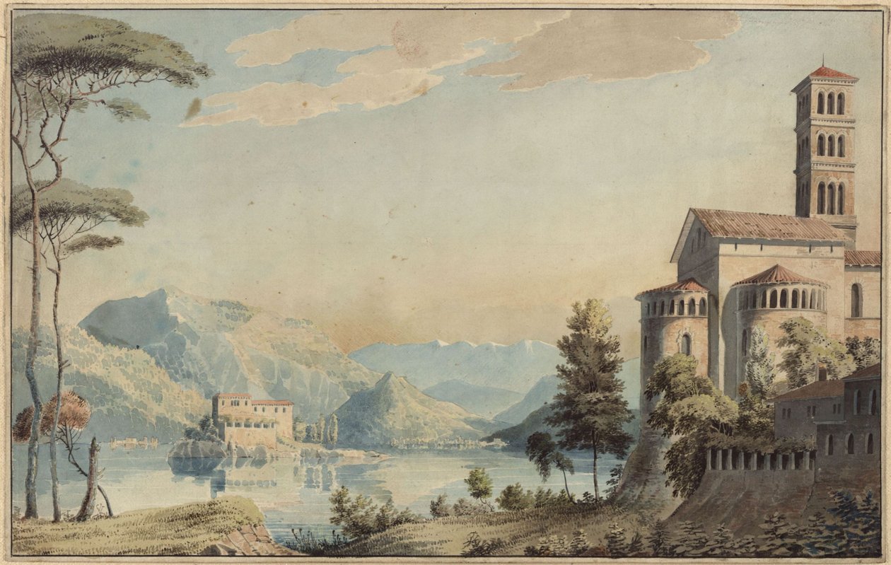 Dekorace pro všeobecné použití. Krajina s jezerem a kostelem od Karl Friedrich Schinkel