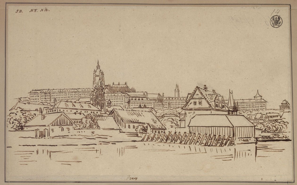Hradčany v Praze, v popředí stavby na Malé Straně od Karl Friedrich Schinkel