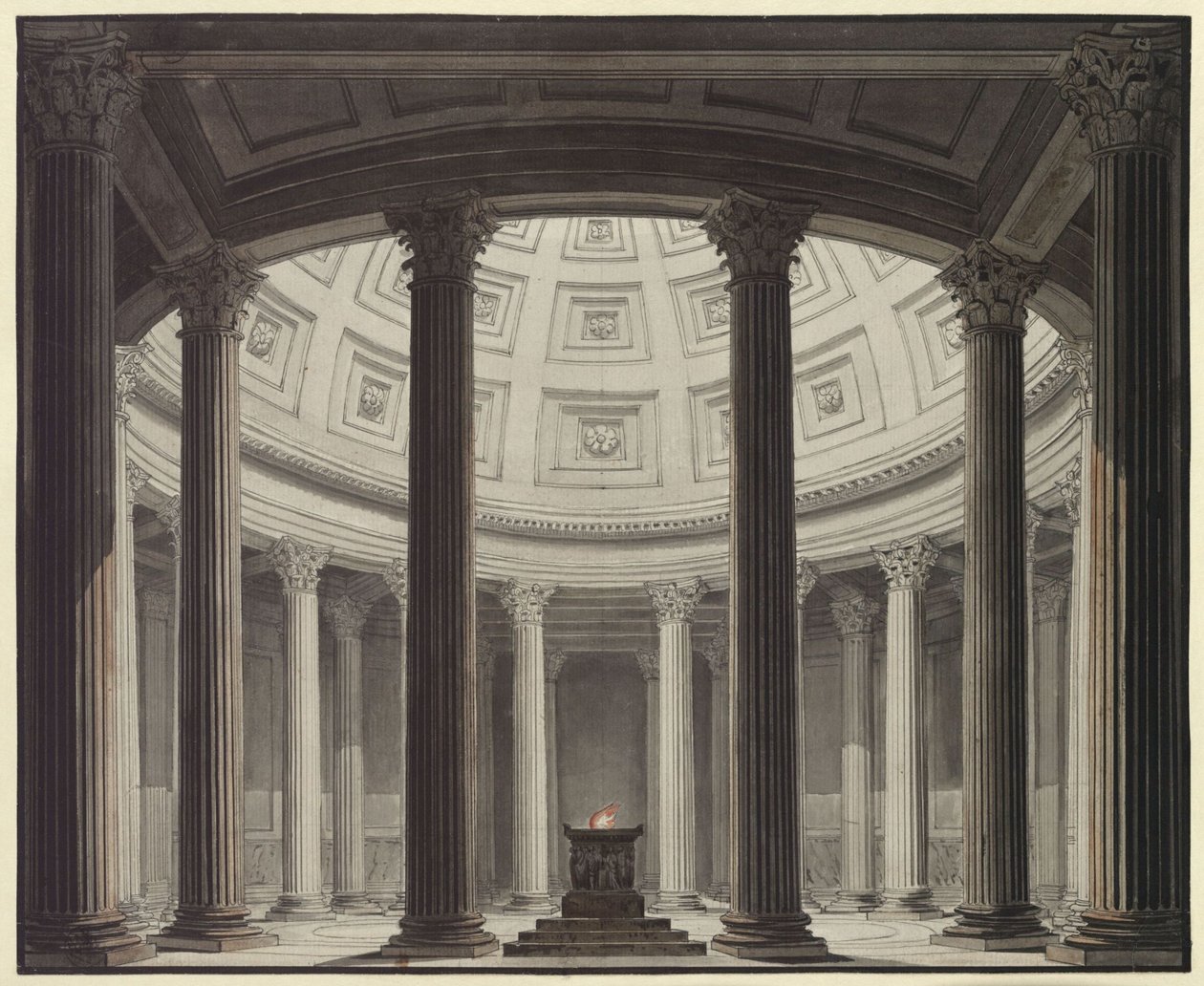 Vestálka. Opera Gaspara Spontiniho. Návrh pro 2. dekoraci. Pohled do chrámu Vesty od Karl Friedrich Schinkel