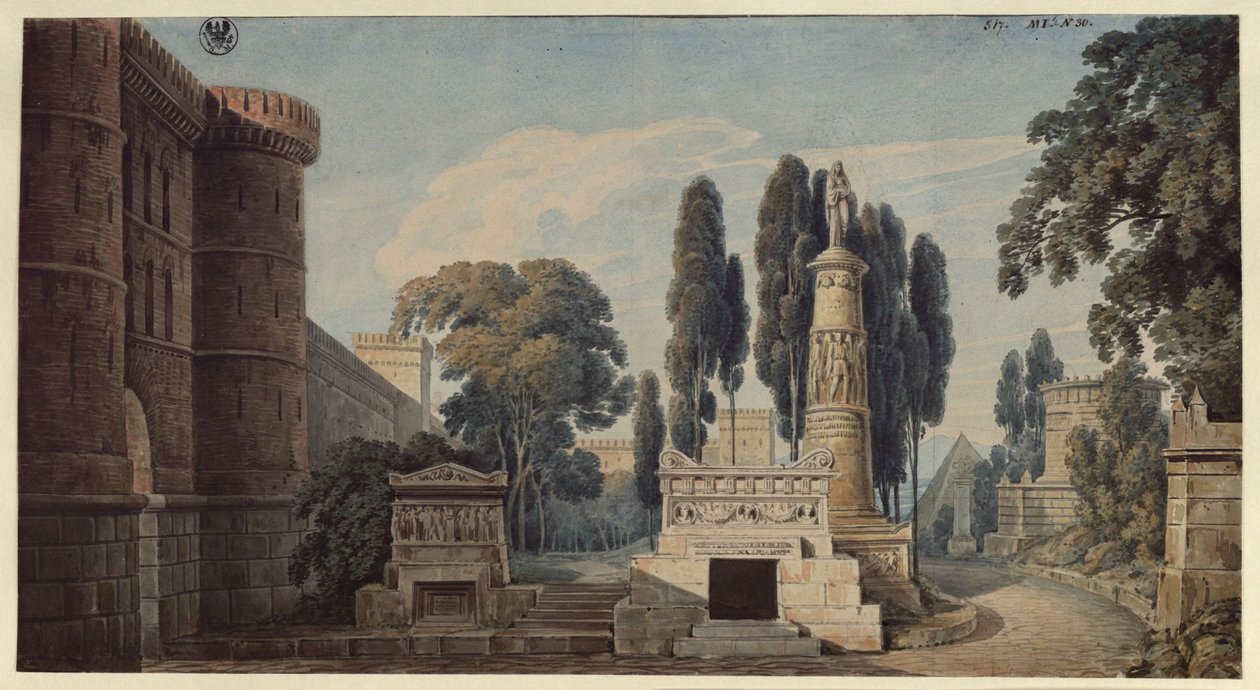 Vestálka. Opera Gaspara Spontiniho. Návrh pro 3. dekoraci. Pohled na antickou římskou ulici hrobek od Karl Friedrich Schinkel