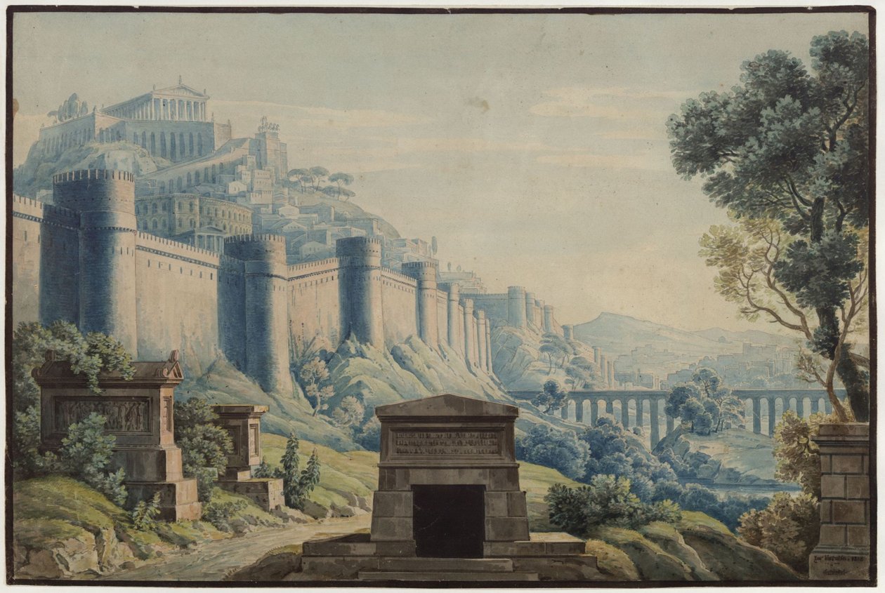Vestálka. Opera Gaspareho Spontiniho. Návrh třetí scény. Anticky laděné město na hoře za vysokými hradbami od Karl Friedrich Schinkel