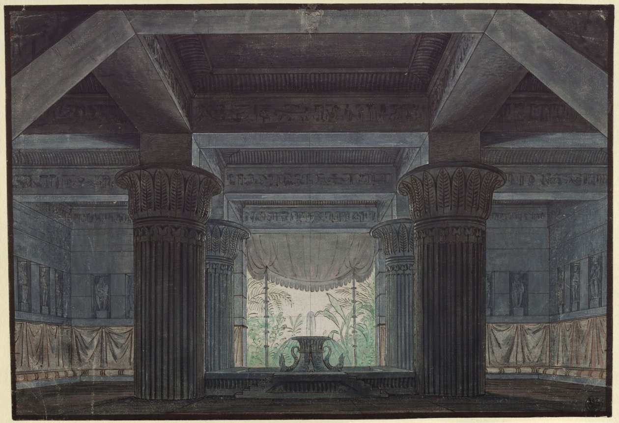 Kouzelná flétna. Opera Wolfganga Amadea Mozarta. Návrh pro 3. dekoraci. Sál v Sarastrově hradě od Karl Friedrich Schinkel