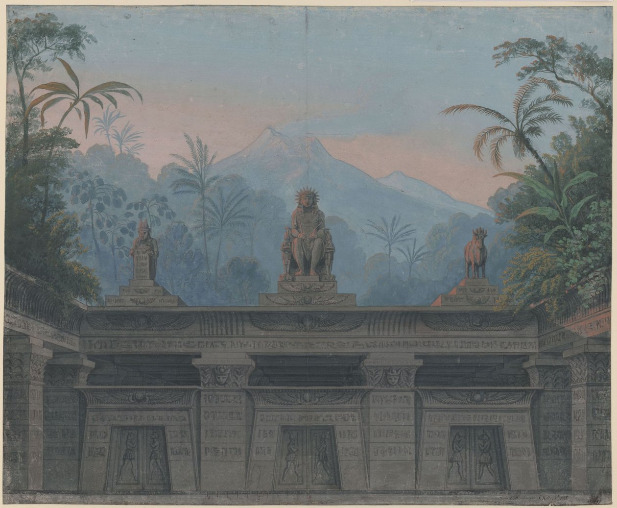 Kouzelná flétna. Opera Wolfganga Amadea Mozarta. Návrh čtvrté scény. Přední nádvoří Sarastrovy svatyně od Karl Friedrich Schinkel
