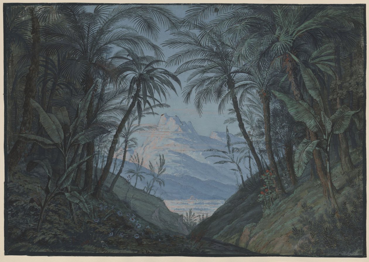 Kouzelná flétna. Opera Wolfganga Amadea Mozarta. Návrh páté scény. Palmový háj, místo shromáždění kněží od Karl Friedrich Schinkel