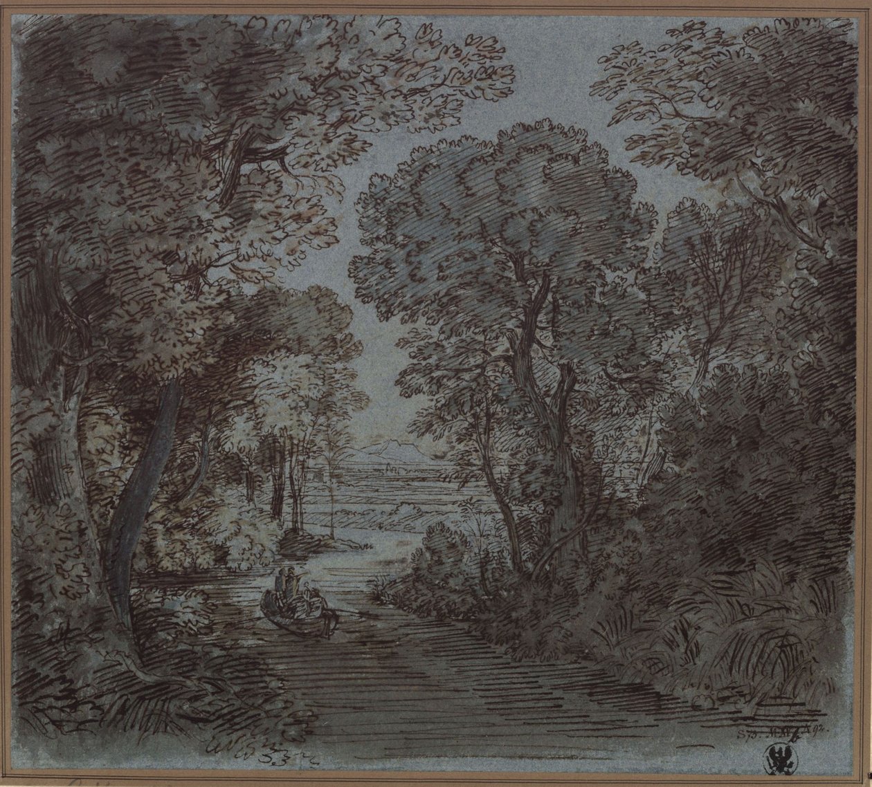 Řeka pod stromy s výhledem na horu v dálce od Karl Friedrich Schinkel