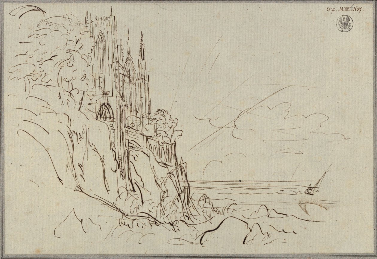 Gotický kostel na strmém mořském pobřeží před vycházejícím sluncem od Karl Friedrich Schinkel