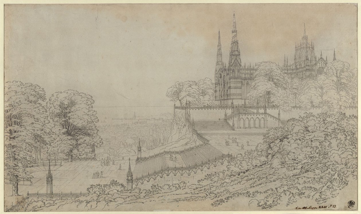 „Návrh divadelní dekorace, katedrála na výšině nad velkým městem ležícím u moře“ / Velká kompozice, jak by měl být umístěn Milánský dóm od Karl Friedrich Schinkel
