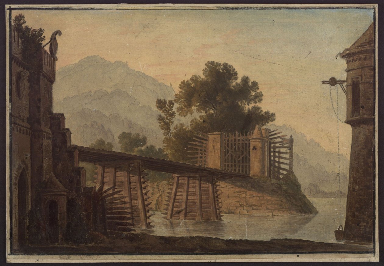 Faniska. Opera Luigiho Cherubiniho. Návrh třetí scény. Most přes jezero od Karl Friedrich Schinkel