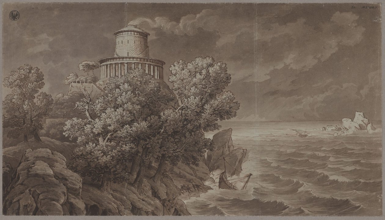 Skalnaté mořské pobřeží s majákem v antickém stylu na rozbouřeném moři od Karl Friedrich Schinkel