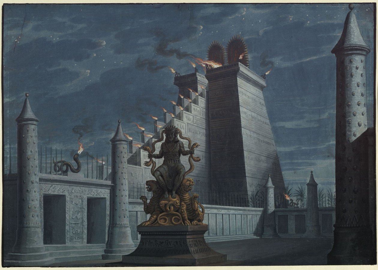 Fernand Cortez, aneb: Dobytí Mexika. Opera Gaspareho Spontiniho. Návrh první scény. Indiánský ohnivý chrám od Karl Friedrich Schinkel