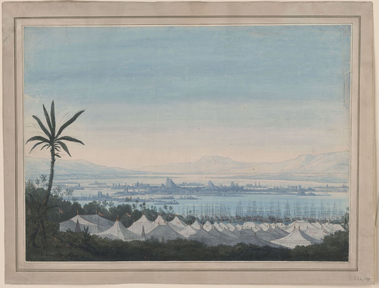 Fernand Cortez aneb: Dobytí Mexika. Opera Gaspara Spontiniho. Návrh pro 2. dekoraci. Pohled na Mexico City a tábor Španělů od Karl Friedrich Schinkel
