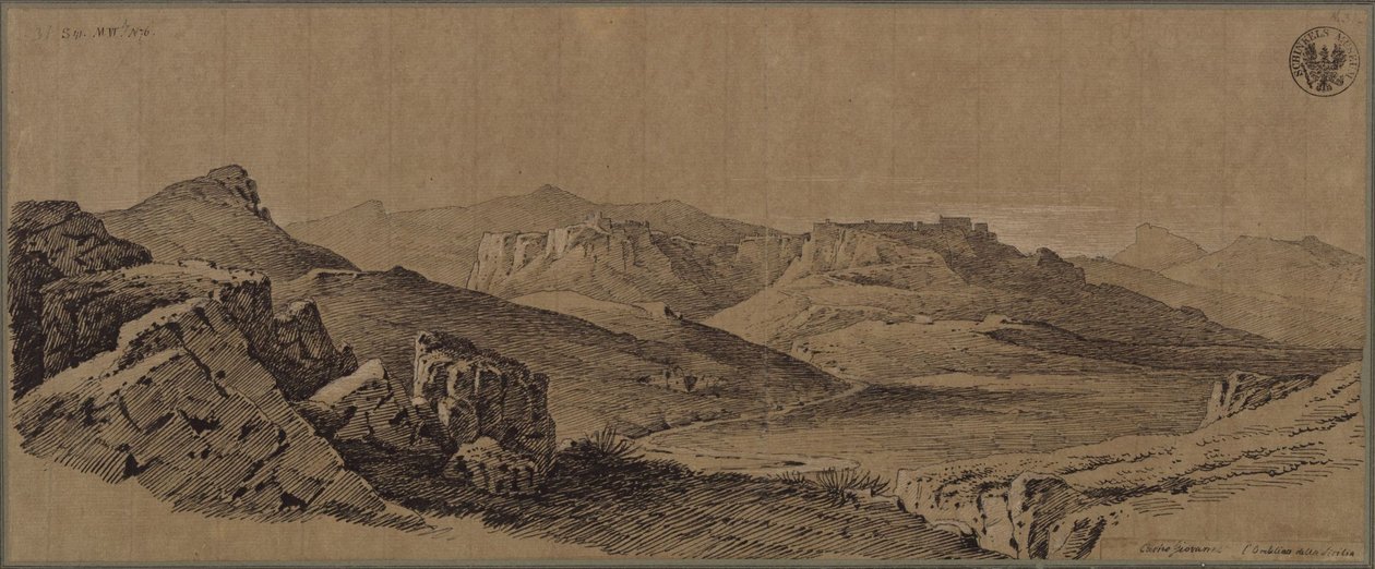 „Pevnost Castro Giovanni uprostřed Sicílie“ - Pohled na Ennu na Sicílii od Karl Friedrich Schinkel