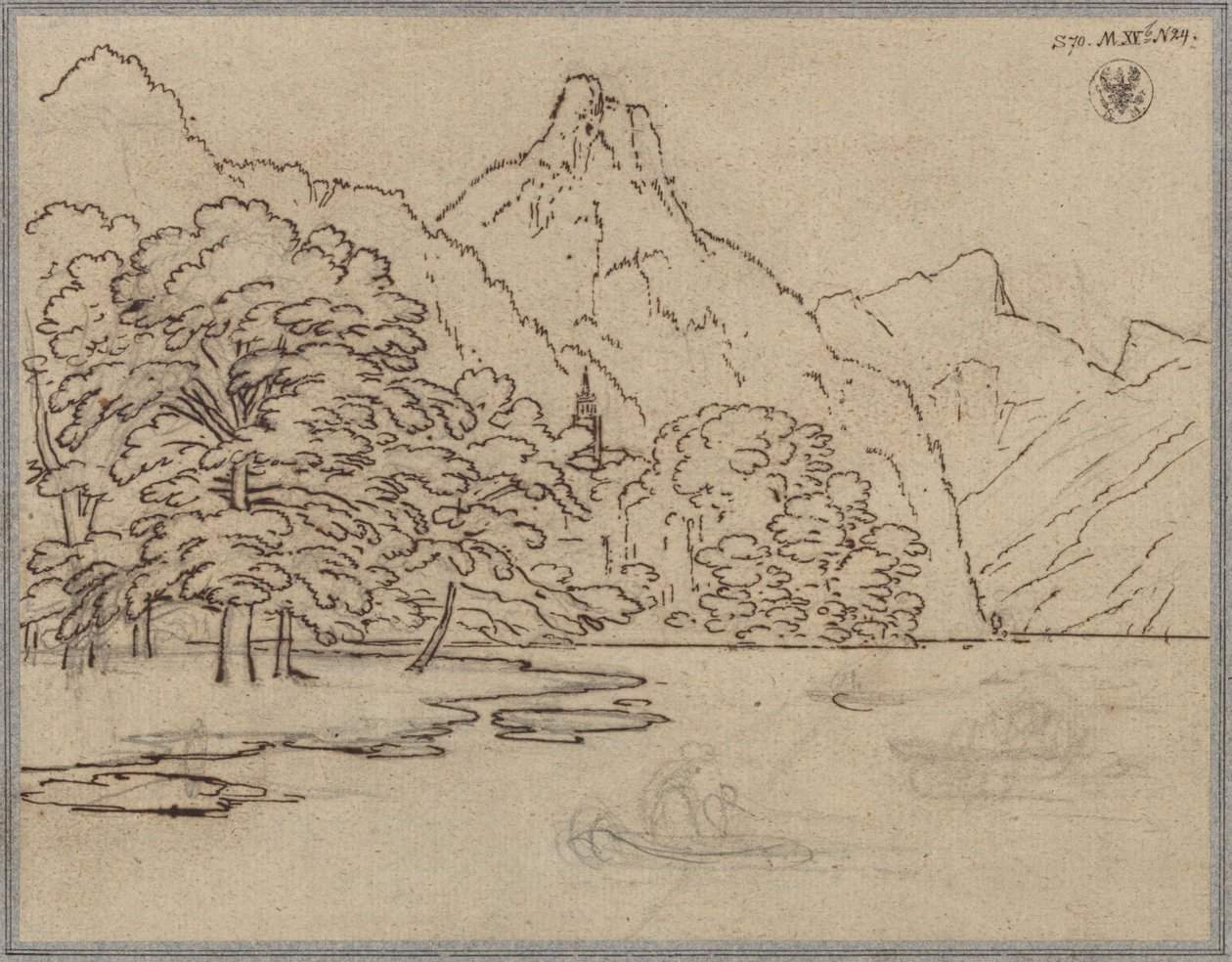 Horská krajina s jezerem, pravděpodobně Traunsee s horou Kleiner Sonnstein od Karl Friedrich Schinkel