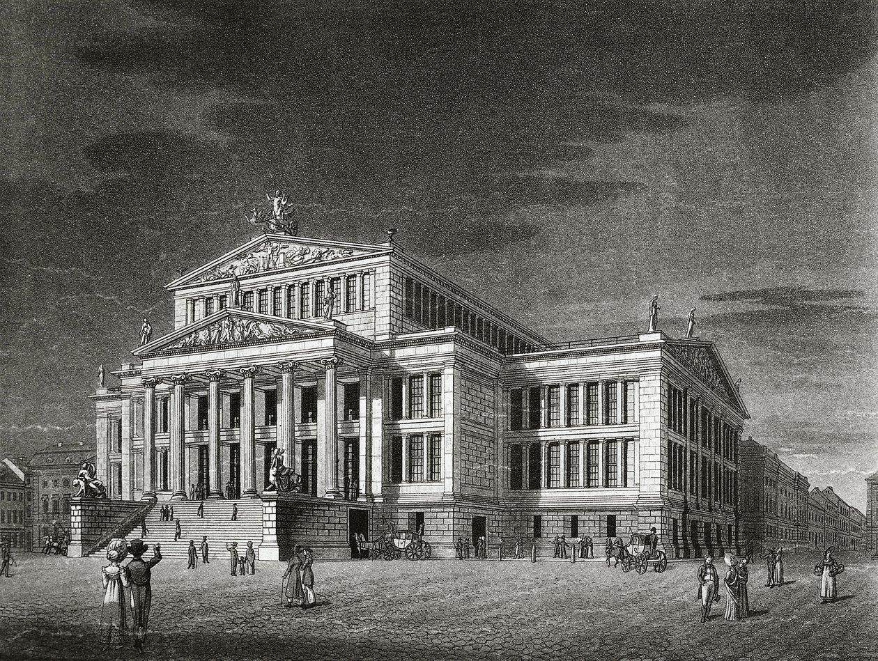 Německo, Berlín, Pohled na Schauspielhaus (koncertní sál), rytina Karl Friedrich Schinkels (1781-1841) od Karl Friedrich Schinkel