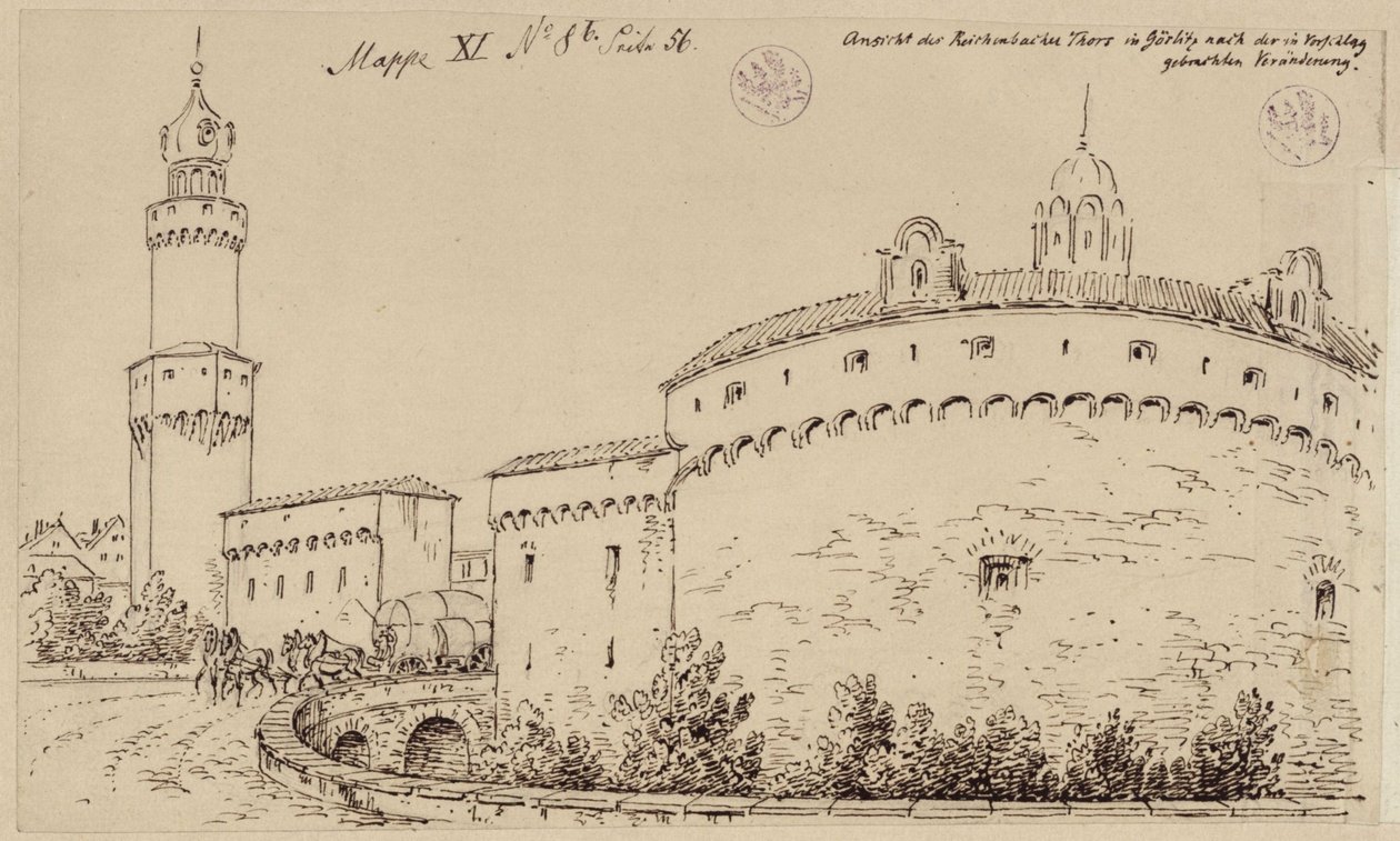 Görlitz. Pohled na Kaisertrutz a Reichenbachskou bránu od Karl Friedrich Schinkel