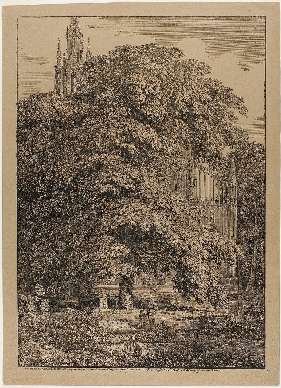 Gotický kostel za dubovým hájem s hrobkami od Karl Friedrich Schinkel