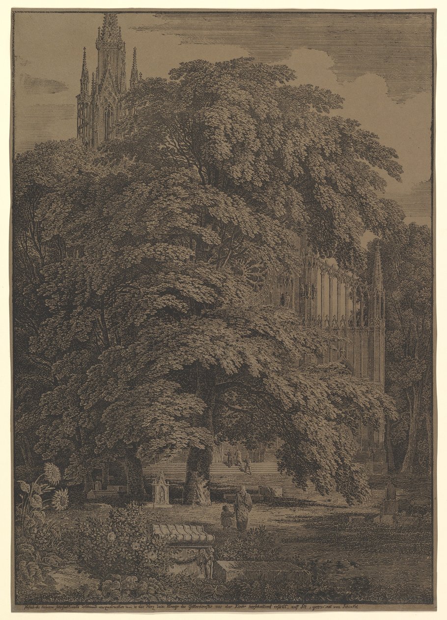 Gotický kostel skrytý u stromu, 1810. od Karl Friedrich Schinkel