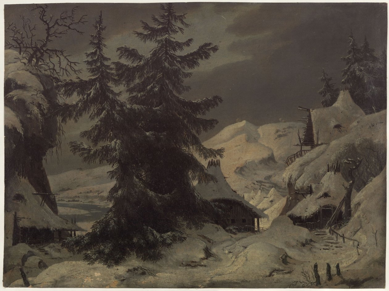 Hrabě Benjowski, aneb Spiknutí na Kamčatce. Hra Augusta von Kotzebueho. Návrh druhé scény. Vesnice se zasněženou krajinou od Karl Friedrich Schinkel