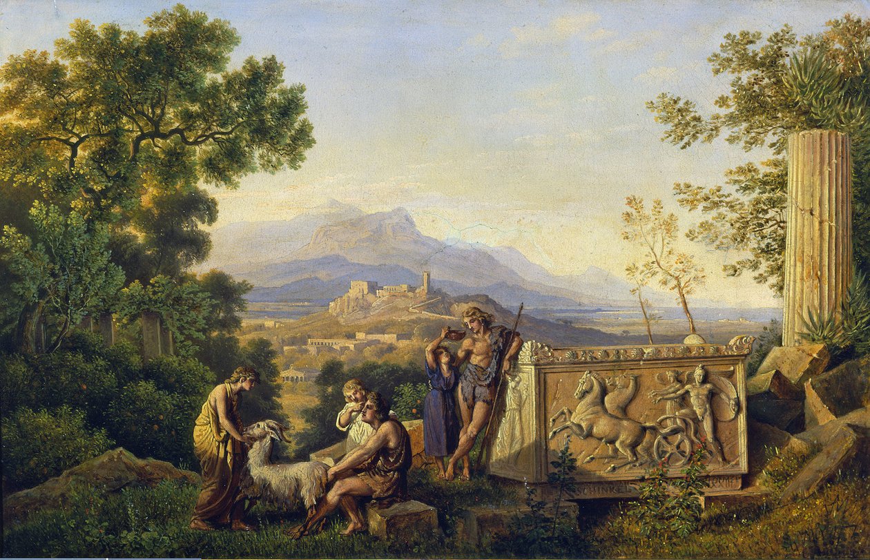 Řecká idylická krajina s odpočívajícími pastýři od Karl Friedrich Schinkel