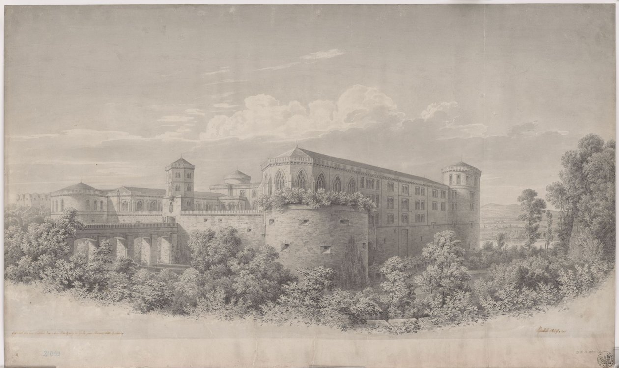 Halle an der Saale. Návrh přestavby zámku Moritzburg. Pohled ze severovýchodu od Karl Friedrich Schinkel