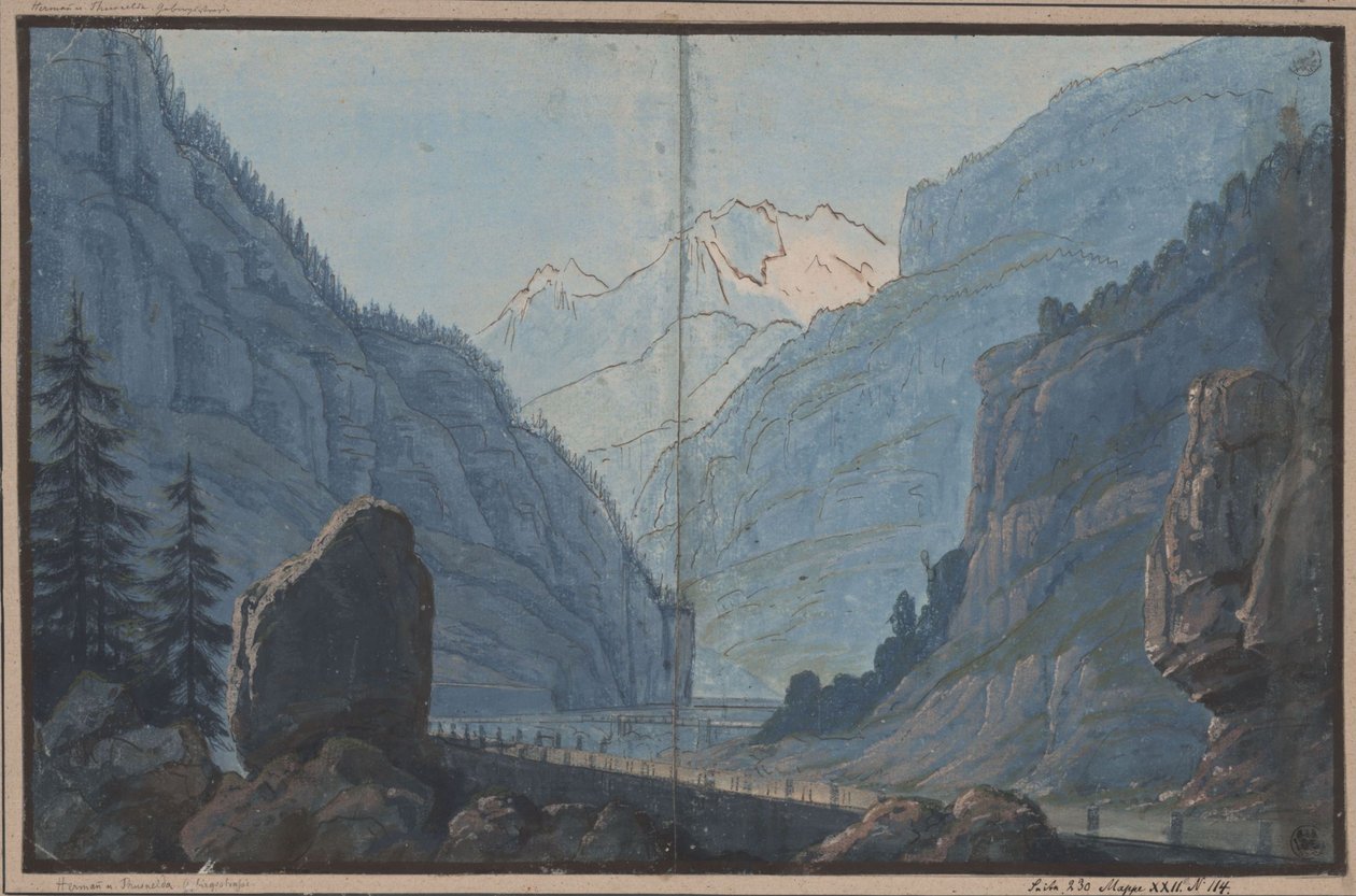 Herrmann a Thusnelda. Divadelní hra Augusta von Kotzebue. Návrh 5. dekorace. Horská cesta od Karl Friedrich Schinkel