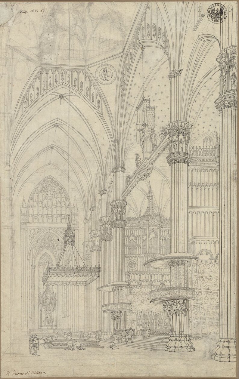 „Vnitřní pohled na příčnou loď milánského dómu“ / Pohled do křížení a severní příčné lodi milánského dómu od Karl Friedrich Schinkel