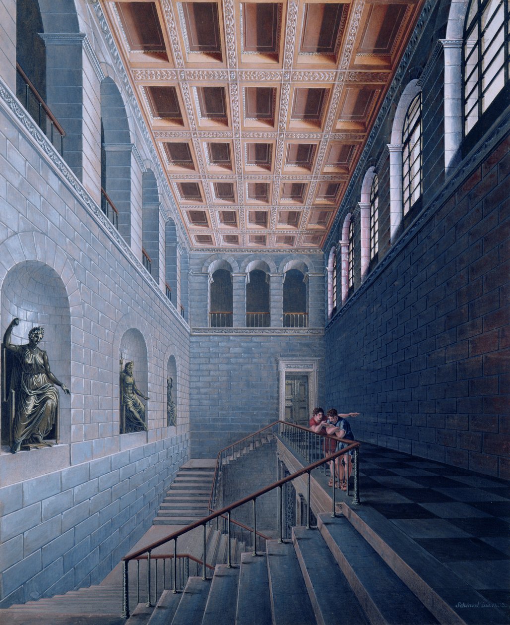 Vnitřní pohled na schodiště, návrh zámku v Koestritz, 1802-03 (pero a inkoust a bc na papíře) od Karl Friedrich Schinkel