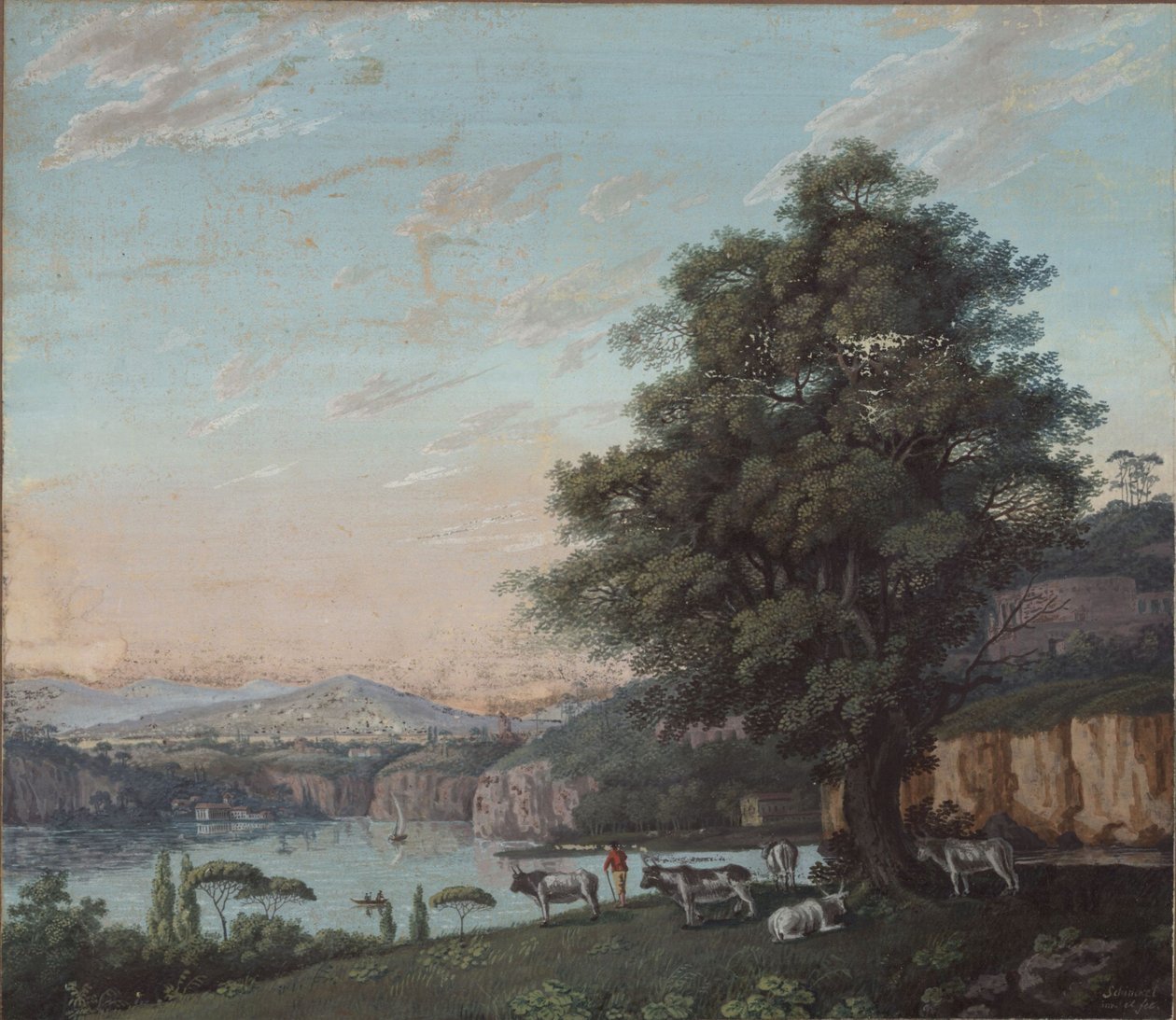 Italská ideální krajina se stromem, stádem a horami od Karl Friedrich Schinkel