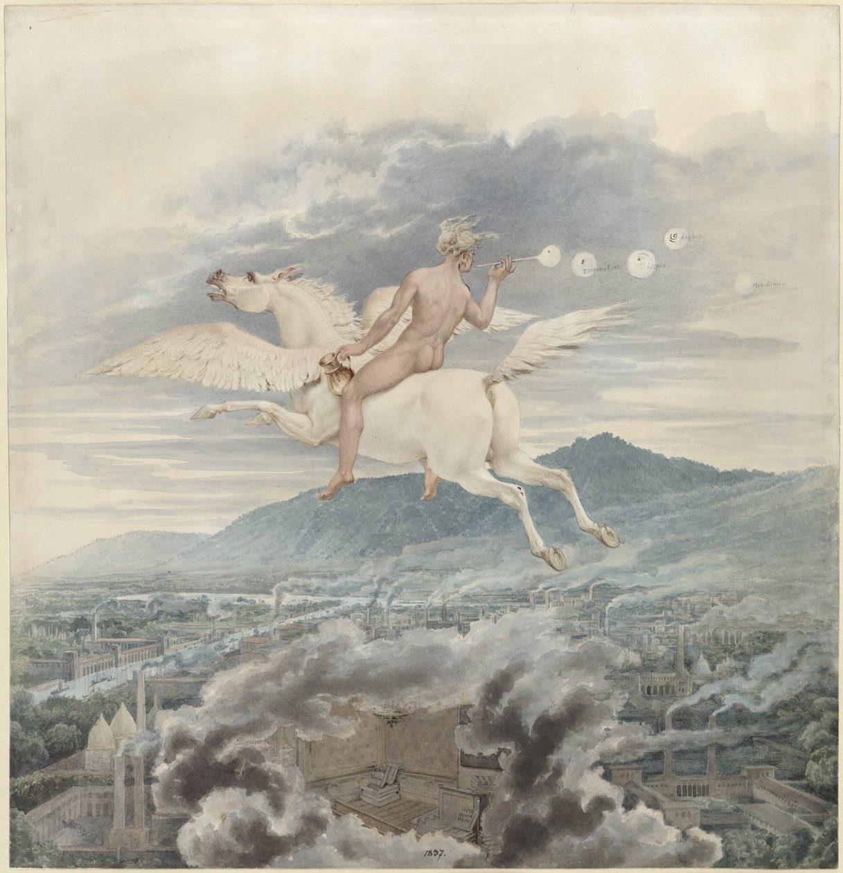 Karl Friedrich Schinkel – Ženská postava foukající bubliny jako alegorie Christiana Petera Wilhelma Beutha, jedoucího na Pegasovi nad průmyslovým městem – 1837 od Karl Friedrich Schinkel