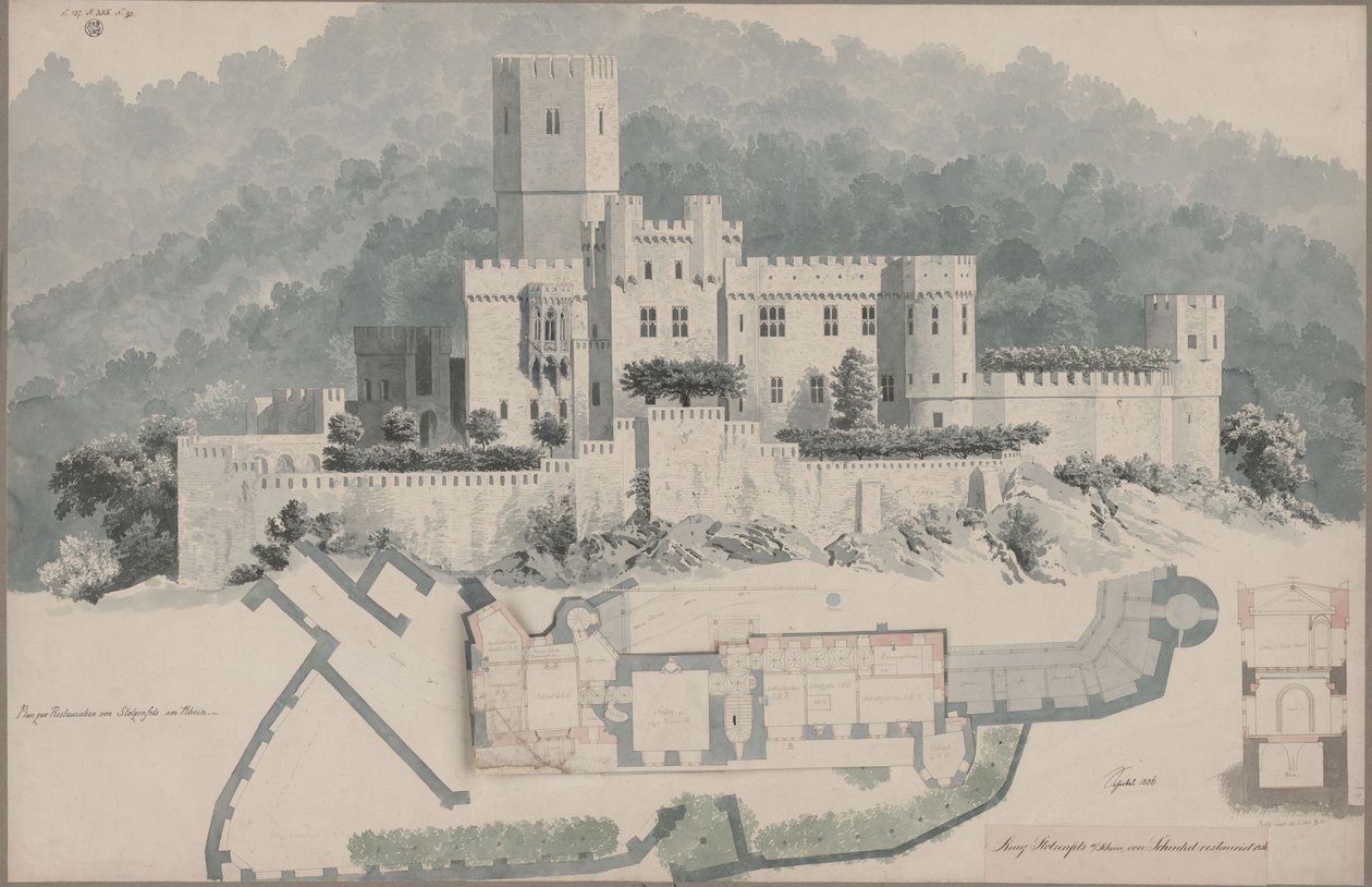 Koblenz. Zřícenina Stolzenfels. Půdorys horního patra a pohled od Karl Friedrich Schinkel