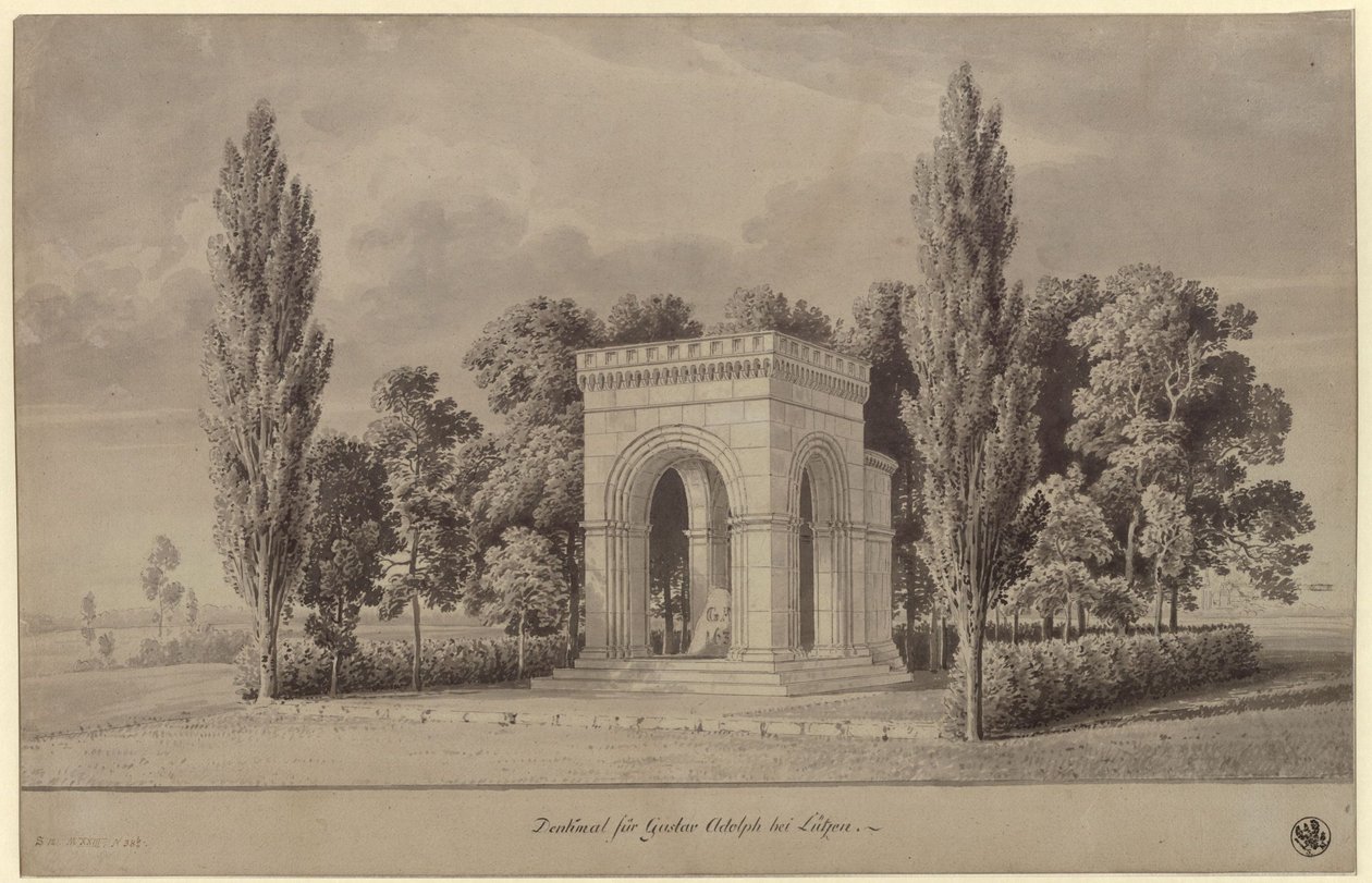 Lützen. Návrh pomníku švédského krále Gustava II. Adolfa v podobě románské síně nad Švédským kamenem s připojenou apsidou. Pohled od Karl Friedrich Schinkel