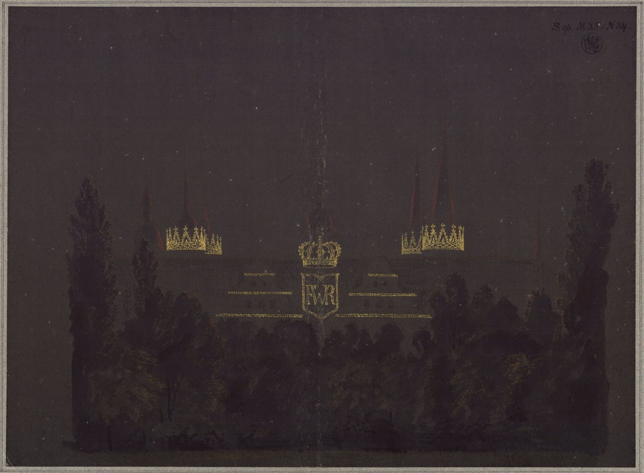 Merseburg. Zámek. Návrh osvětlení zámku u příležitosti oslav holdování pruskému králi Fridrichu Vilémovi III. od Karl Friedrich Schinkel