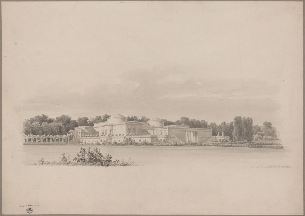 Postupim-Sanssouci. Starobylý venkovský dům u zámku Charlottenhof. Perspektivní pohled ze severovýchodu od Karl Friedrich Schinkel