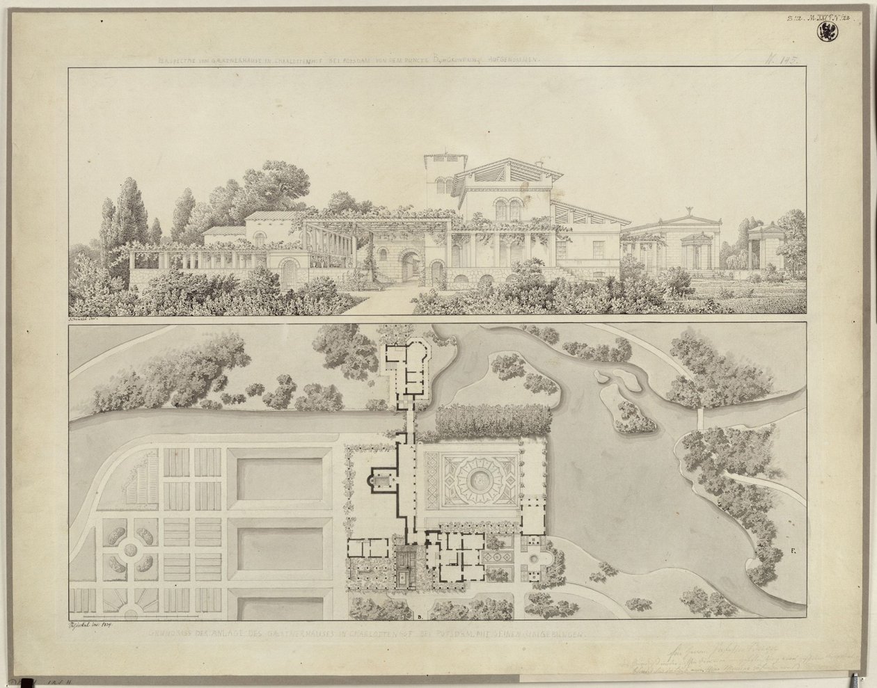 Potsdam-Sanssouci. Římské lázně u zámku Charlottenhof. Pohled od západu a půdorys zahradníkova domu od Karl Friedrich Schinkel