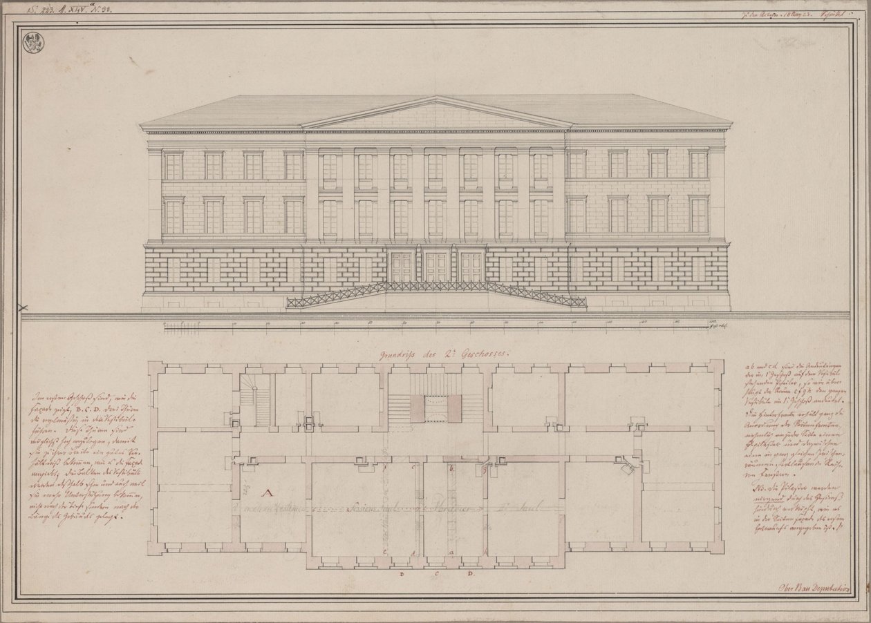 Ratibor (Racibórz). Návrh budovy vrchního zemského soudu. Půdorys a pohled od Karl Friedrich Schinkel