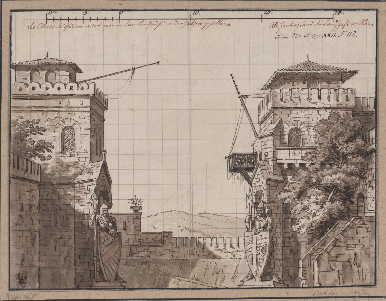 Ratibor a Wanda. Hra Jakoba Andrease Konrada Levezowa. Návrh třetí scény. Hrad s výhledem na hory od Karl Friedrich Schinkel