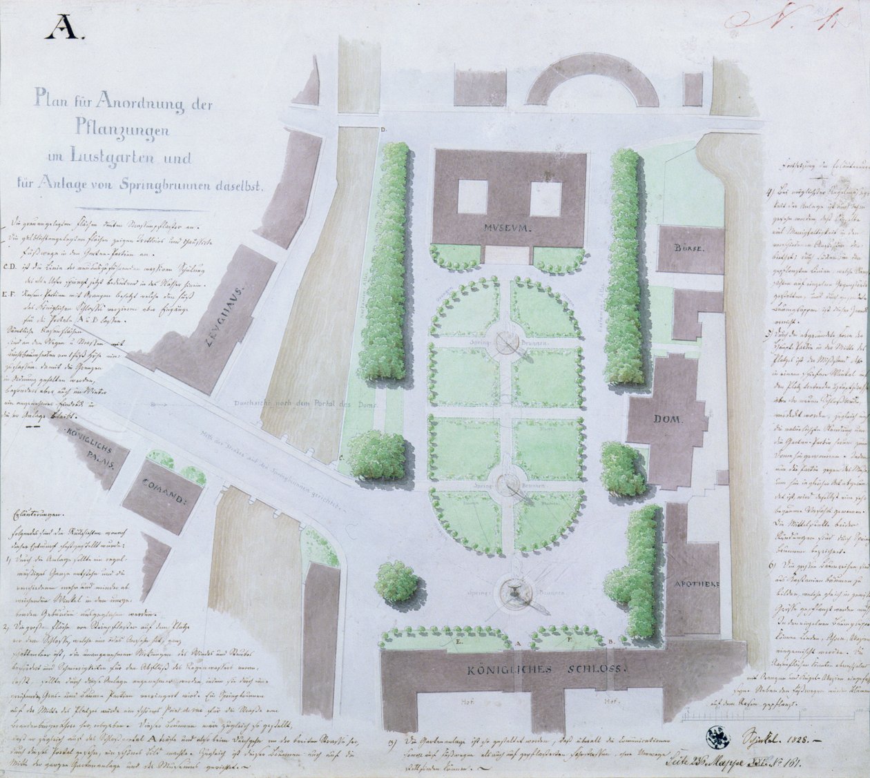 Redesigning the Lustgarten, 1828 (Wc a pero a inkoust na papíře) od Karl Friedrich Schinkel