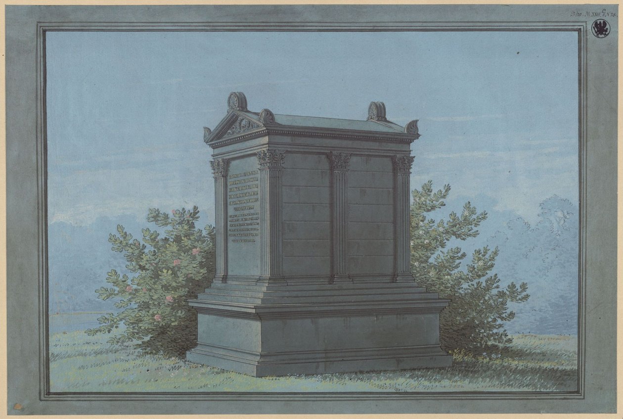 Sarkofág ve tvaru chrámu - Belchau (Białochowo), dříve okres Graudenz (Powiat Grudziądzki), správní obvod Marienwerder (Województwo Kujawsko-Pomorskie). Návrh náhrobku Klinggräf v podobě malého chrámu s korintskými pilastry od Karl Friedrich Schinkel